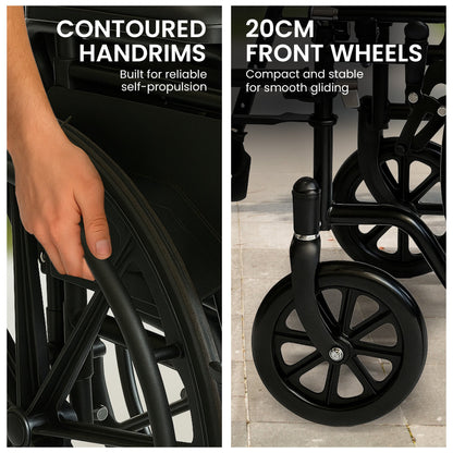 Black Orthonica steel wheelchair by Hlpmedical, foldable and lightweight with adjustable footrest and sturdy 24-inch steel frame.