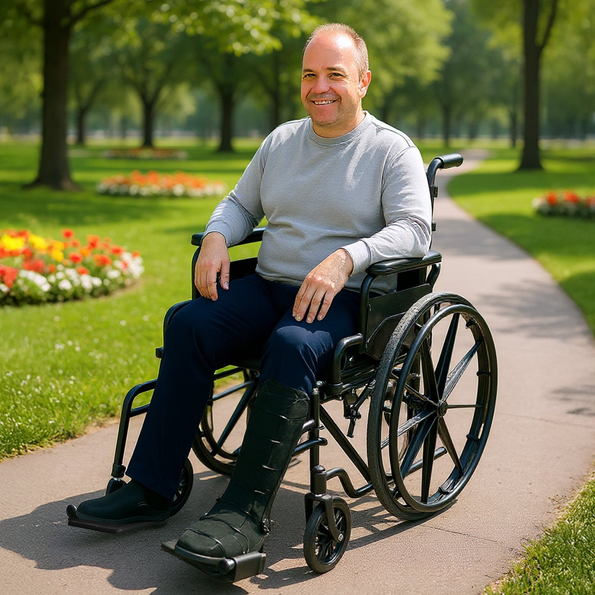Black foldable Steel Wheelchair by Hlpmedical with adjustable footrest, lightweight frame, and heavy-duty 24-inch wheels for mobility aid.