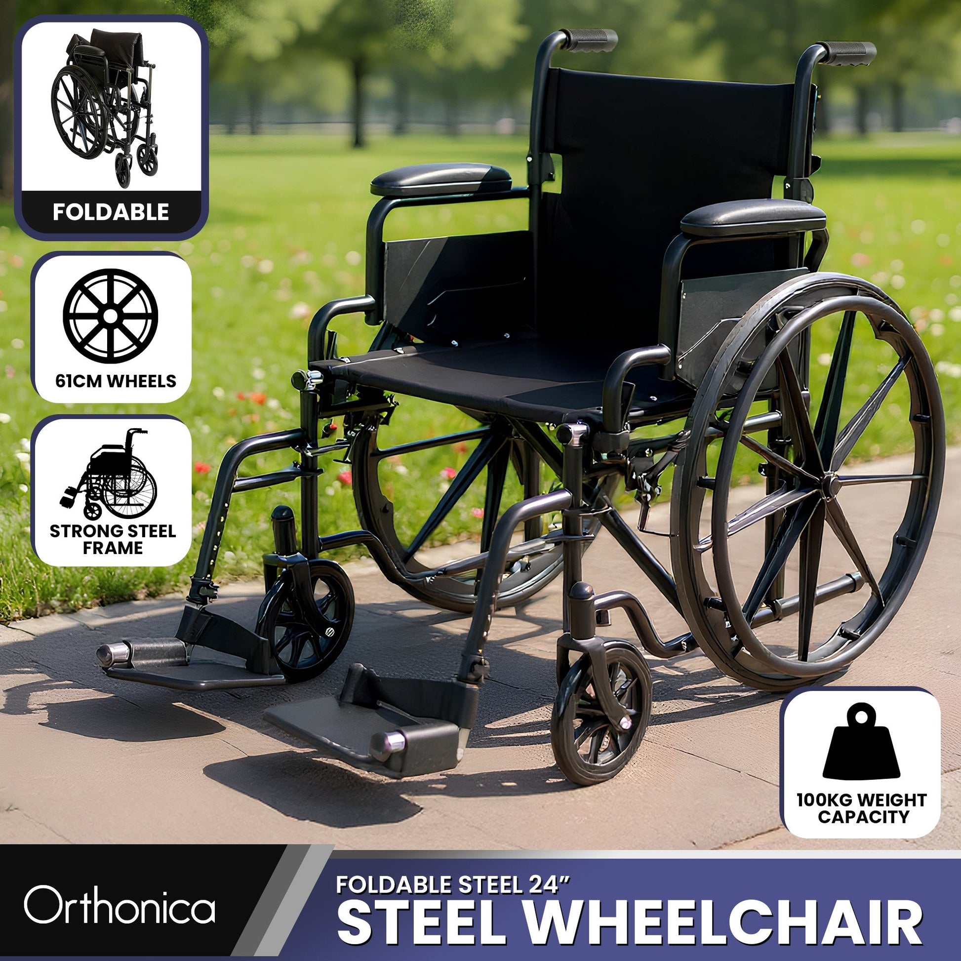 Black foldable steel wheelchair by Hlpmedical with 24-inch wheels, adjustable footrest, lightweight frame for mobility and disability aid.