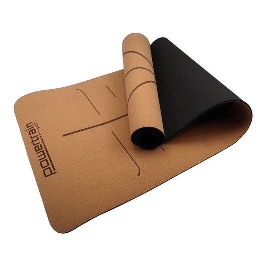 Hlpmedical Powertrain Cork Yoga Mat with carry straps for Pilates and yoga, non-slip surface, lightweight and durable.