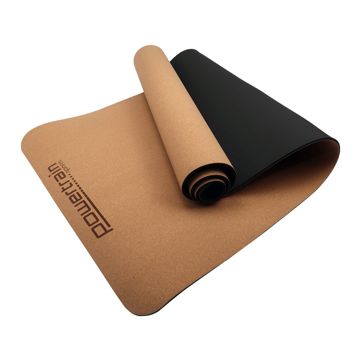 Hlpmedical Powertrain cork yoga mat with carry straps, suitable for home gym Pilates and exercise routines.
