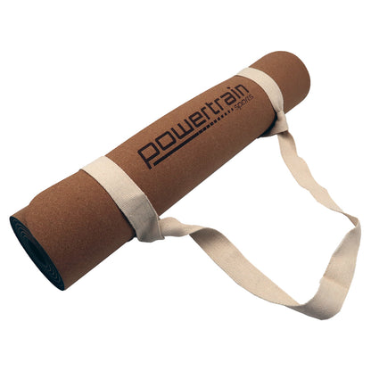 Hlpmedical Powertrain Cork Yoga Mat with carry straps for home gym Pilates, plain design, suitable for exercise and gymnastics.