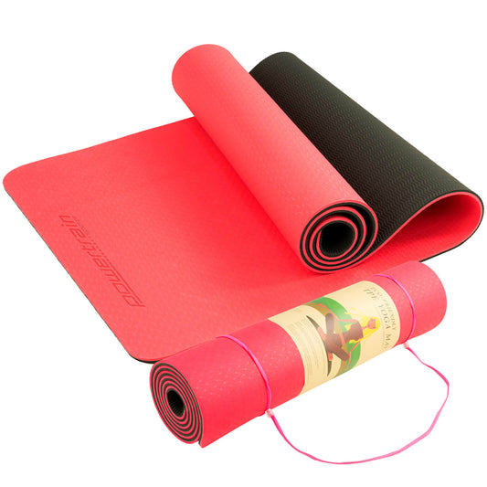 Red Powertrain TPE yoga exercise mat by Hlpmedical, 8mm thick for Pilates and home gym workouts, durable and non-slip surface.