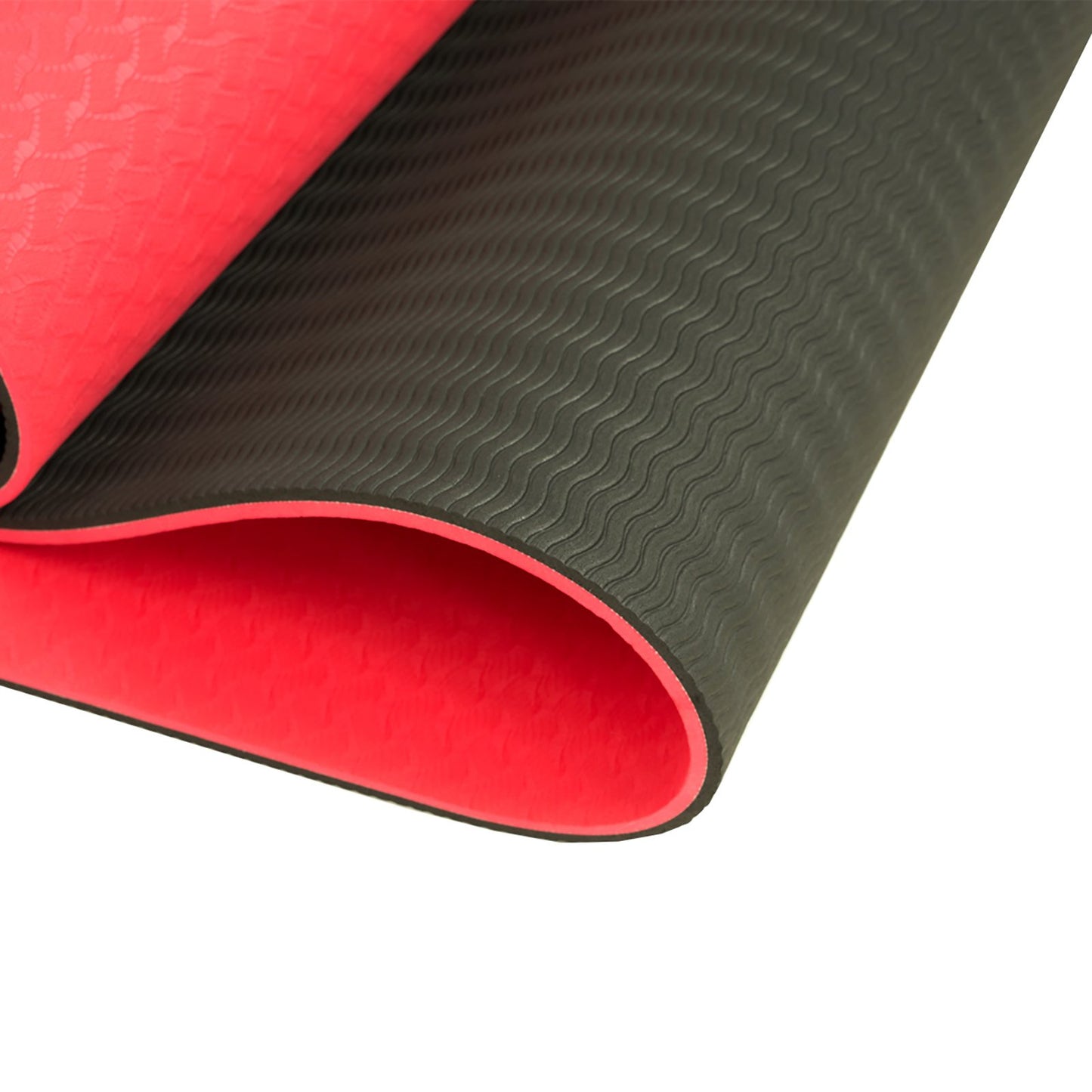Red Powertrain TPE yoga exercise mat by Hlpmedical, 8mm thick for Pilates and home gym workouts, with textured surface for grip.