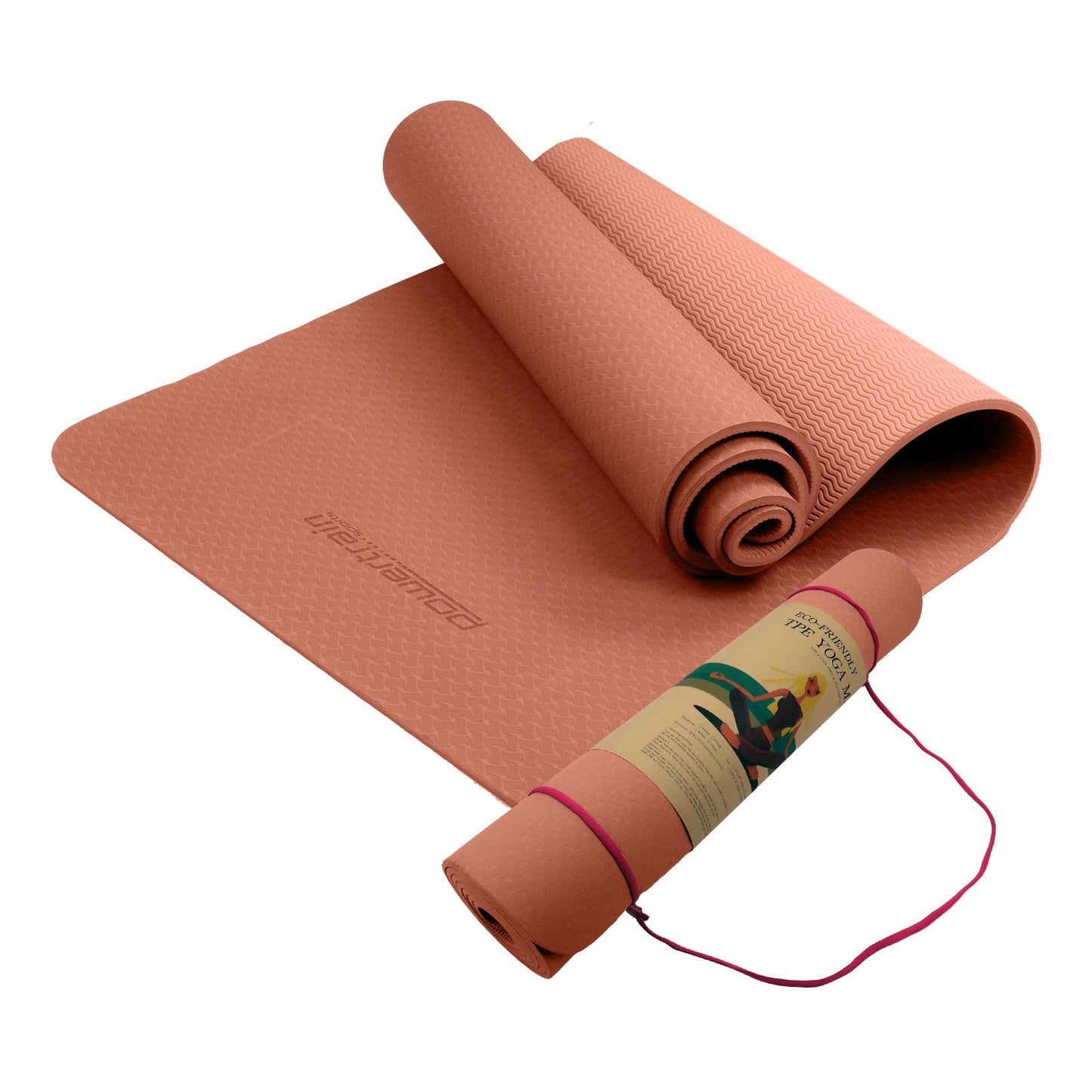 Hlpmedical Powertrain dual-layer 6mm yoga mat in peach with non-slip surface and carry strap for comfortable yoga practice