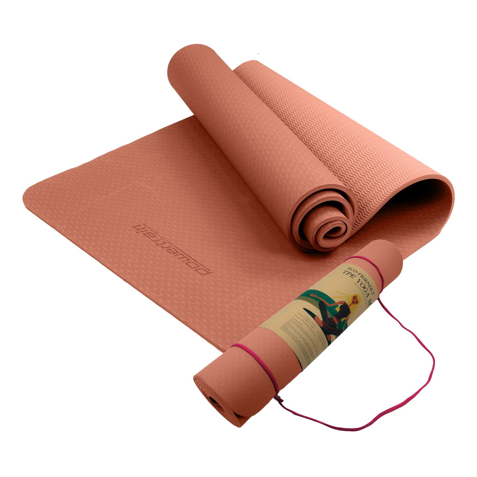 Hlpmedical Powertrain dual-layer 6mm yoga mat in peach with non-slip surface and carry strap for comfortable yoga practice