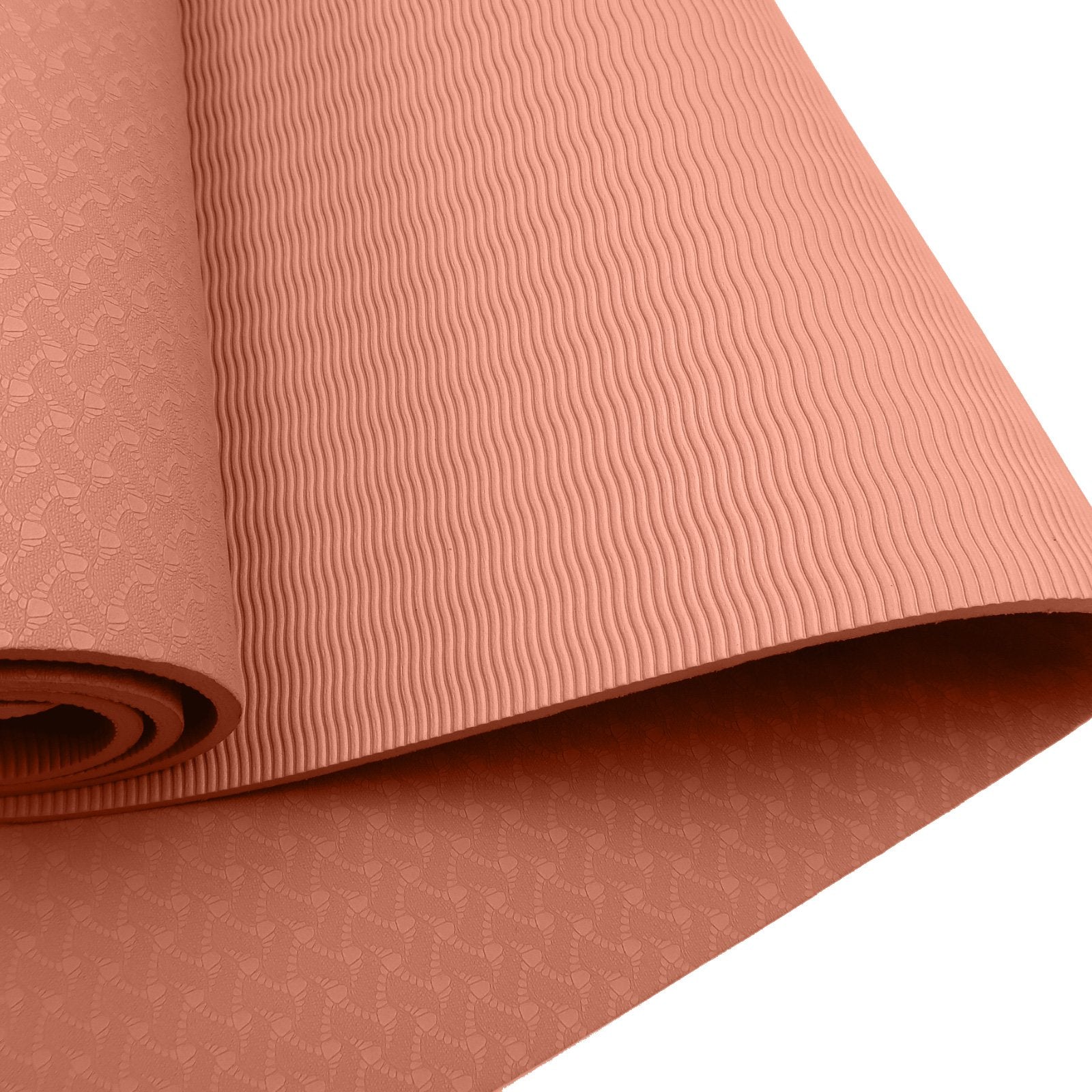 Hlpmedical Powertrain dual-layer 6mm peach yoga mat with non-slip surface and carry strap for comfortable, portable yoga practice.