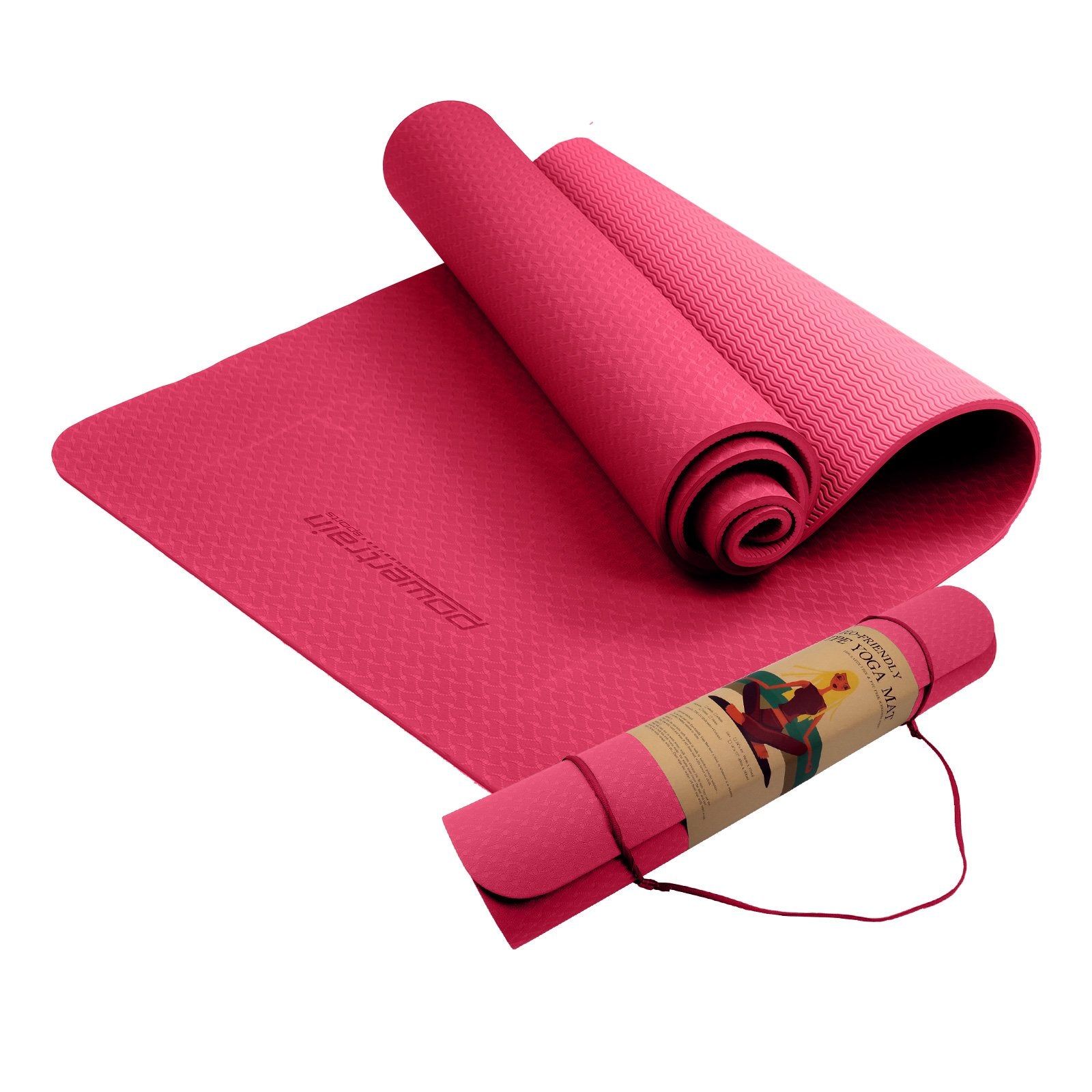 Pink Powertrain dual-layer 6mm yoga mat with non-slip surface and carry strap for comfortable, portable yoga and Pilates practice.
