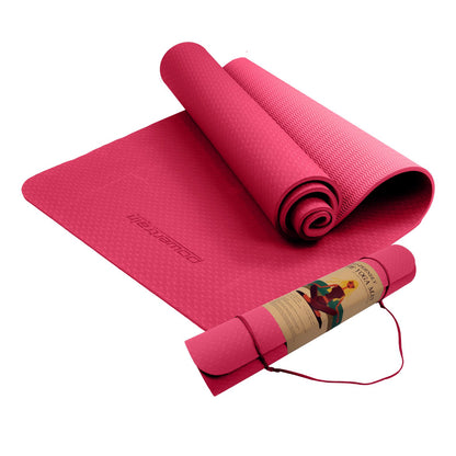 Pink Powertrain dual-layer 6mm yoga mat with non-slip surface and carry strap for comfortable, portable yoga and Pilates practice.