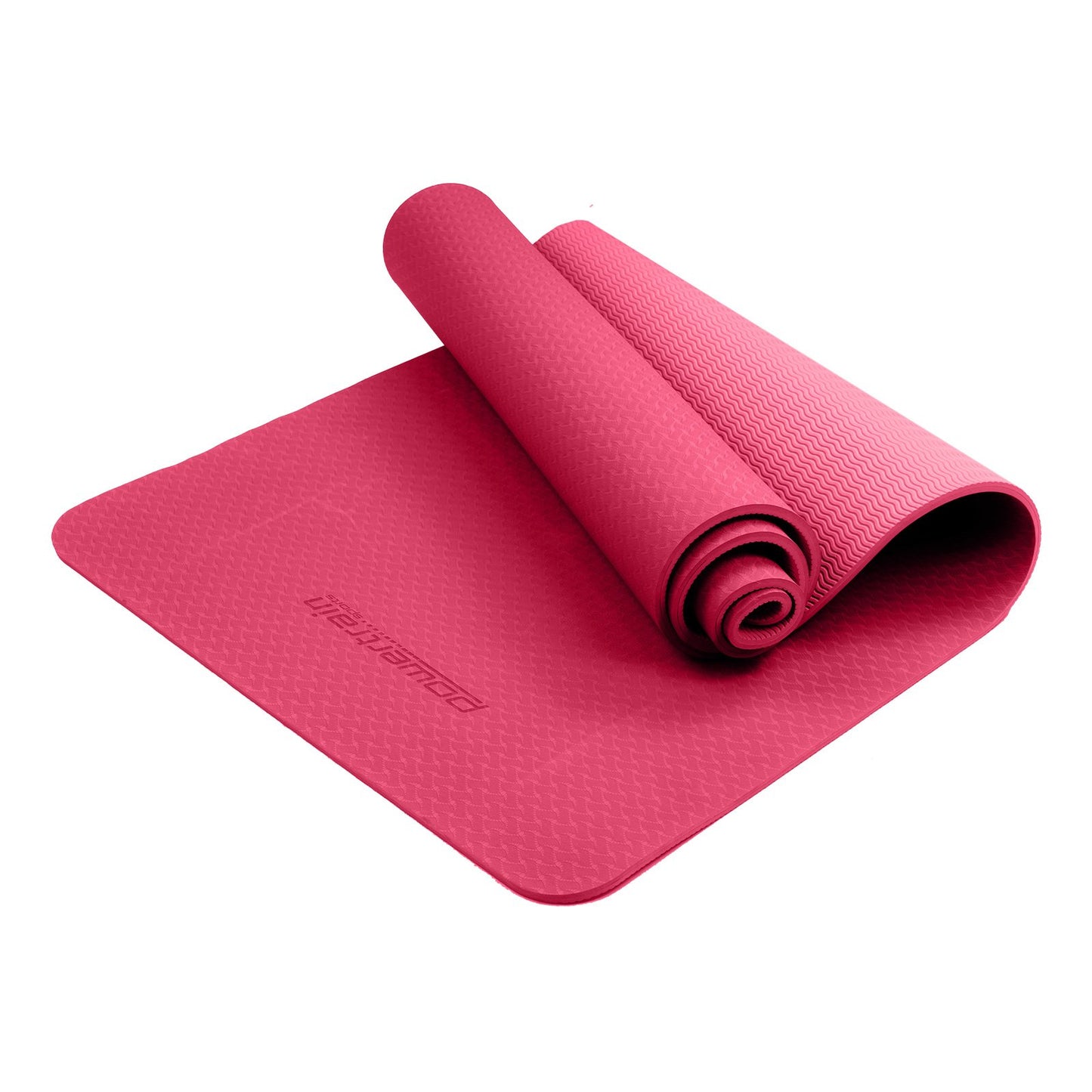 Pink Powertrain dual layer 6mm yoga mat with non-slip surface and carry strap, ideal for yoga and fitness workouts.