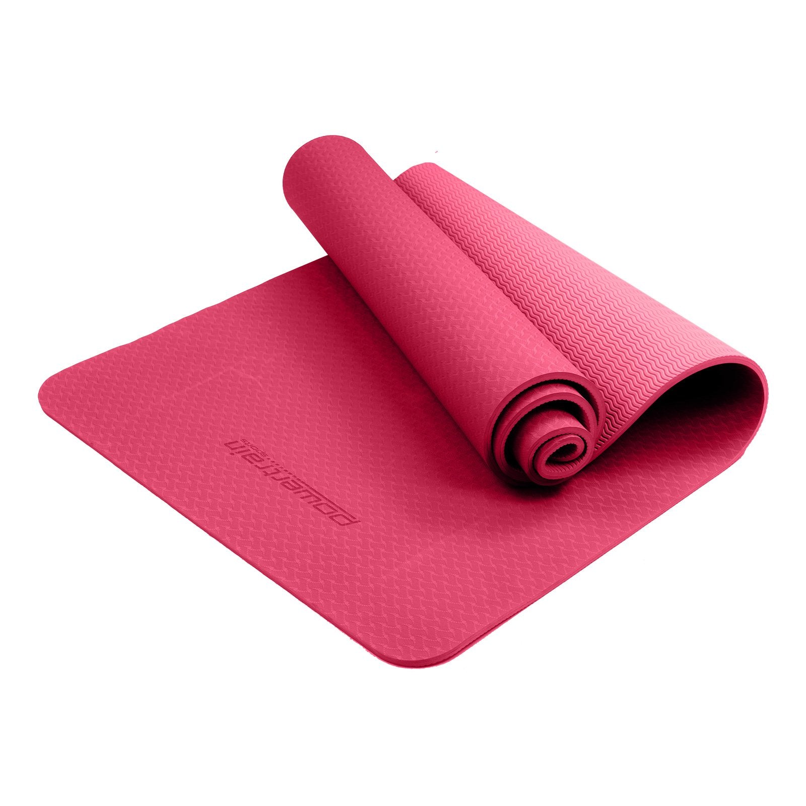 Pink Powertrain dual layer 6mm yoga mat with non-slip surface and carry strap, ideal for yoga and fitness workouts.