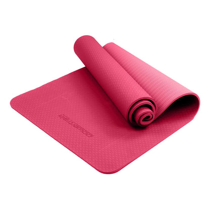 Pink Powertrain dual layer 6mm yoga mat with non-slip surface and carry strap, ideal for yoga and fitness workouts.