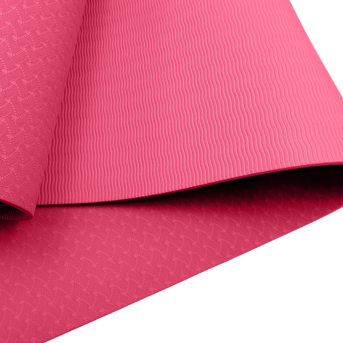 Pink Powertrain dual layer 6mm yoga mat with non-slip surface and carry strap for comfortable yoga practice and portability.