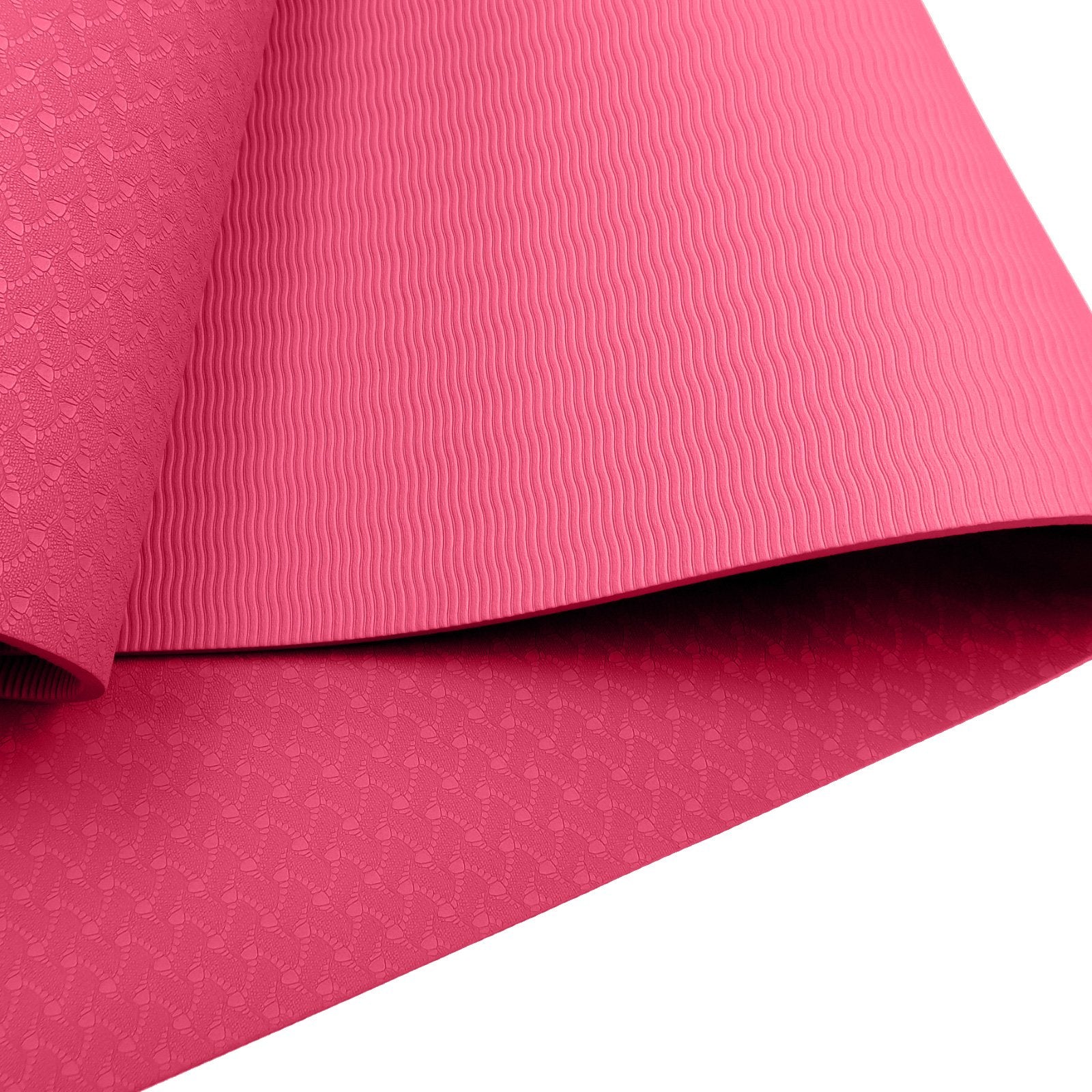Pink Powertrain dual layer 6mm yoga mat with non-slip surface and carry strap for comfortable yoga practice and portability.