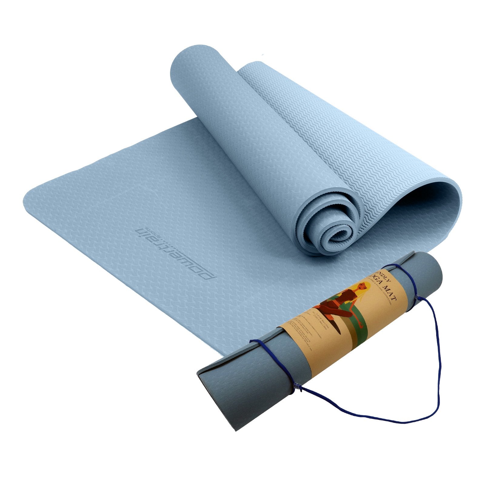 Sky blue Powertrain dual layer 6mm yoga mat with non-slip surface and carry strap for comfort and portability.
