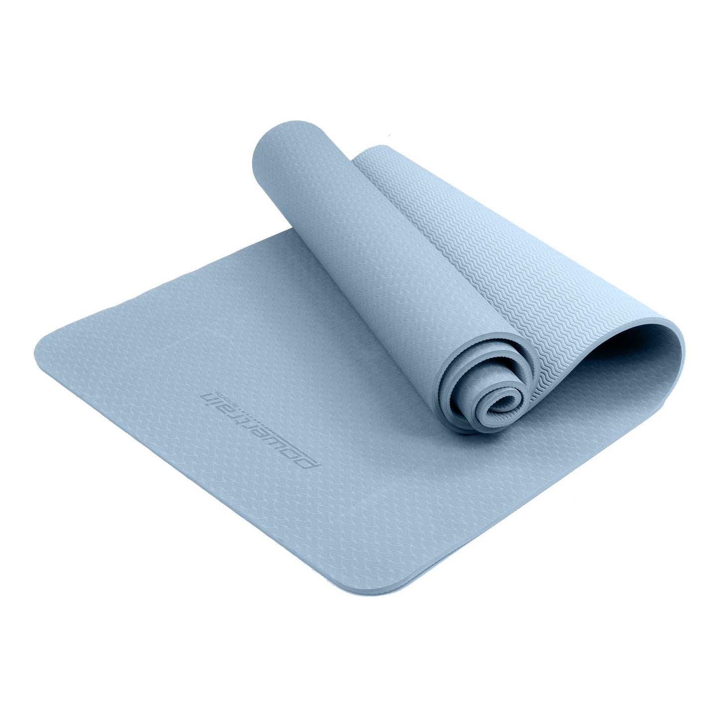Sky blue Powertrain dual layer 6mm yoga mat with non-slip surface and carry strap, designed for comfort and portability.