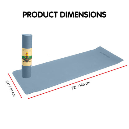 Sky blue Powertrain dual-layer 6mm yoga mat with non-slip surface and carry strap for comfort and portability.