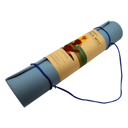 Sky blue Powertrain dual-layer 6mm yoga mat by Hlpmedical with non-slip surface and carry strap for comfort and portability.