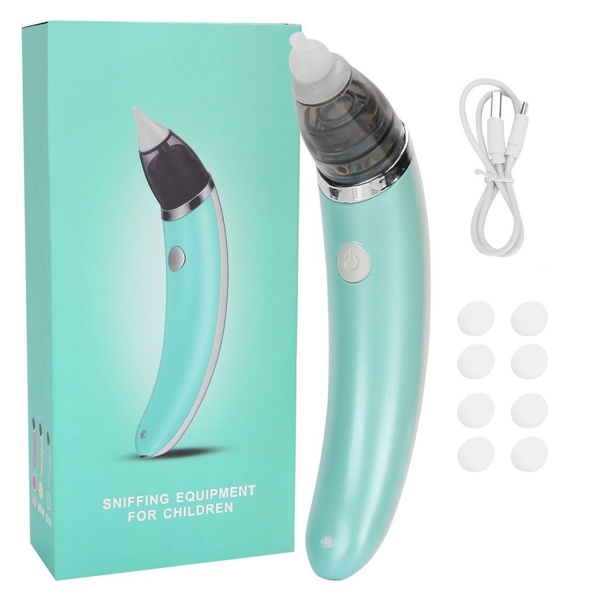 Electric baby nasal aspirator by Hlpmedical in green, safe and hygienic nose cleaner for infants with gentle suction.
