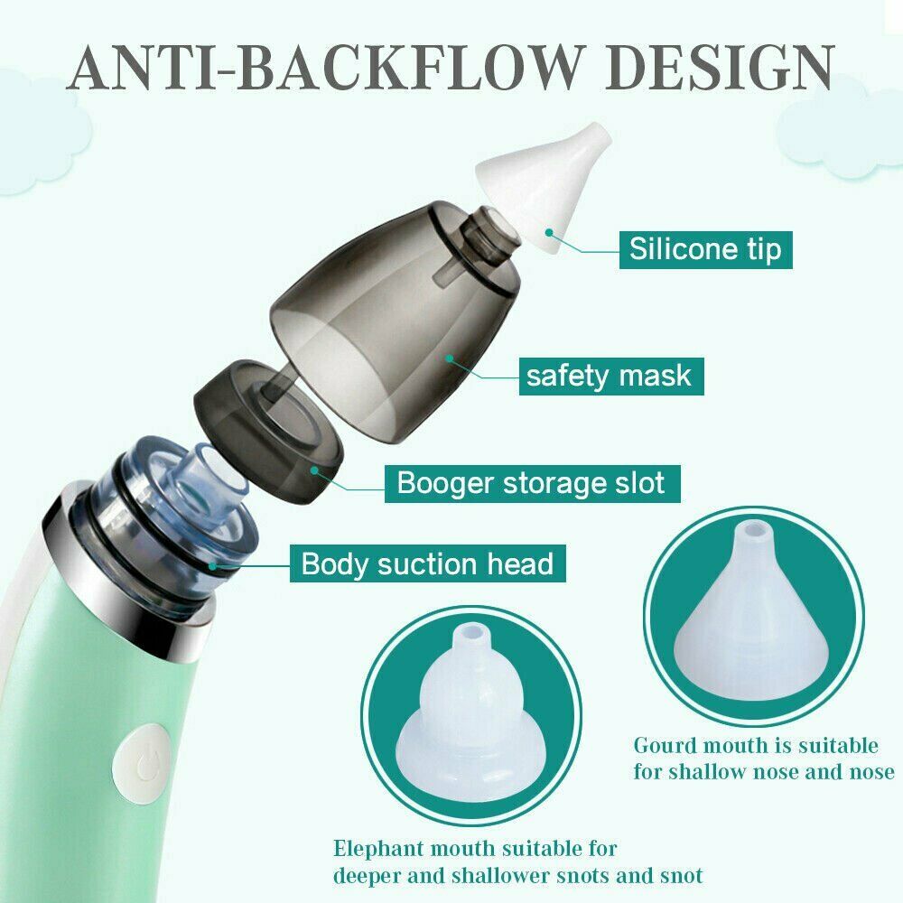 Electric baby nasal aspirator in green by Hlpmedical, showing hygienic nose cleaner for safe, gentle snot removal for infants.