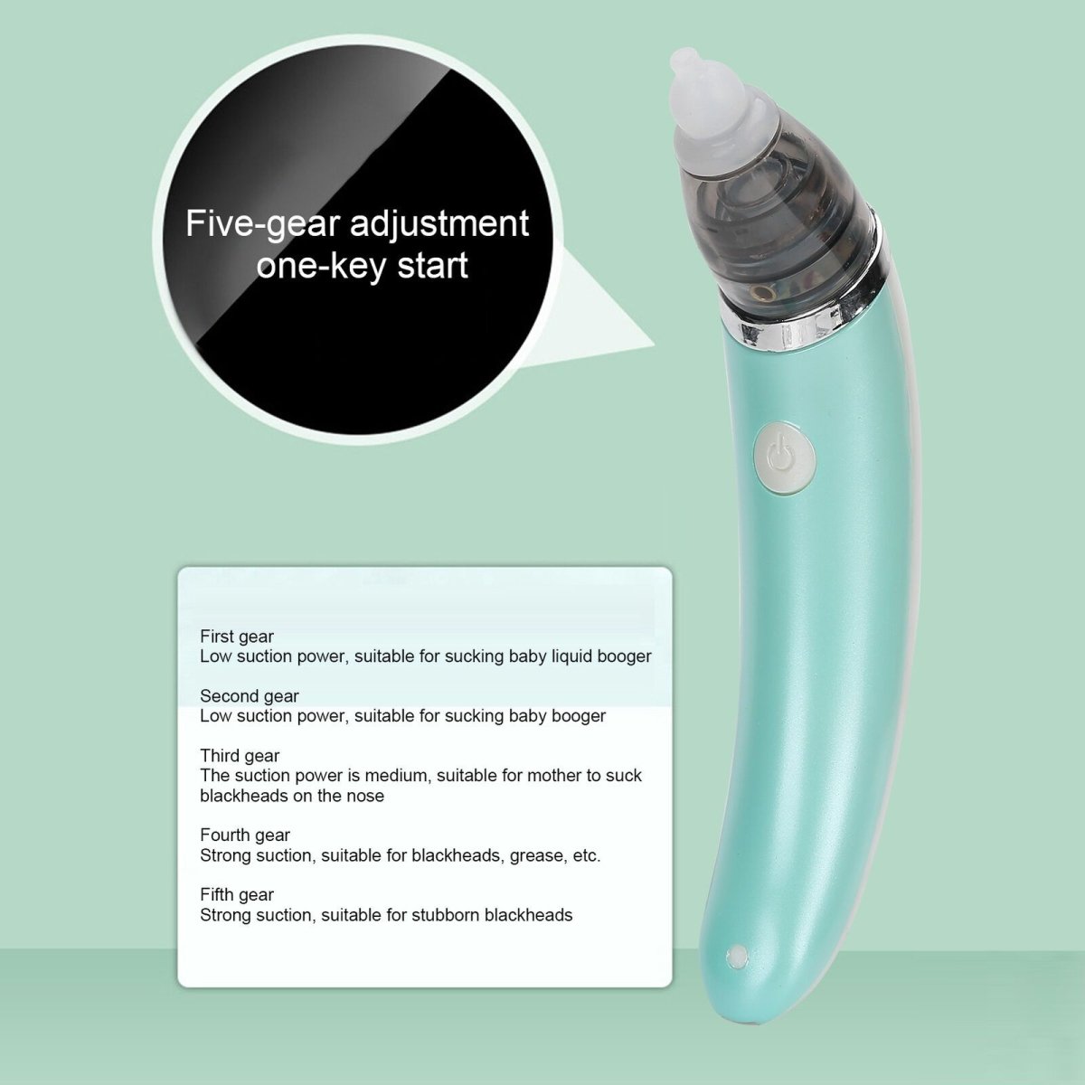Electric baby nasal aspirator in green by Hlpmedical, designed for safe and hygienic nose cleaning for infants.