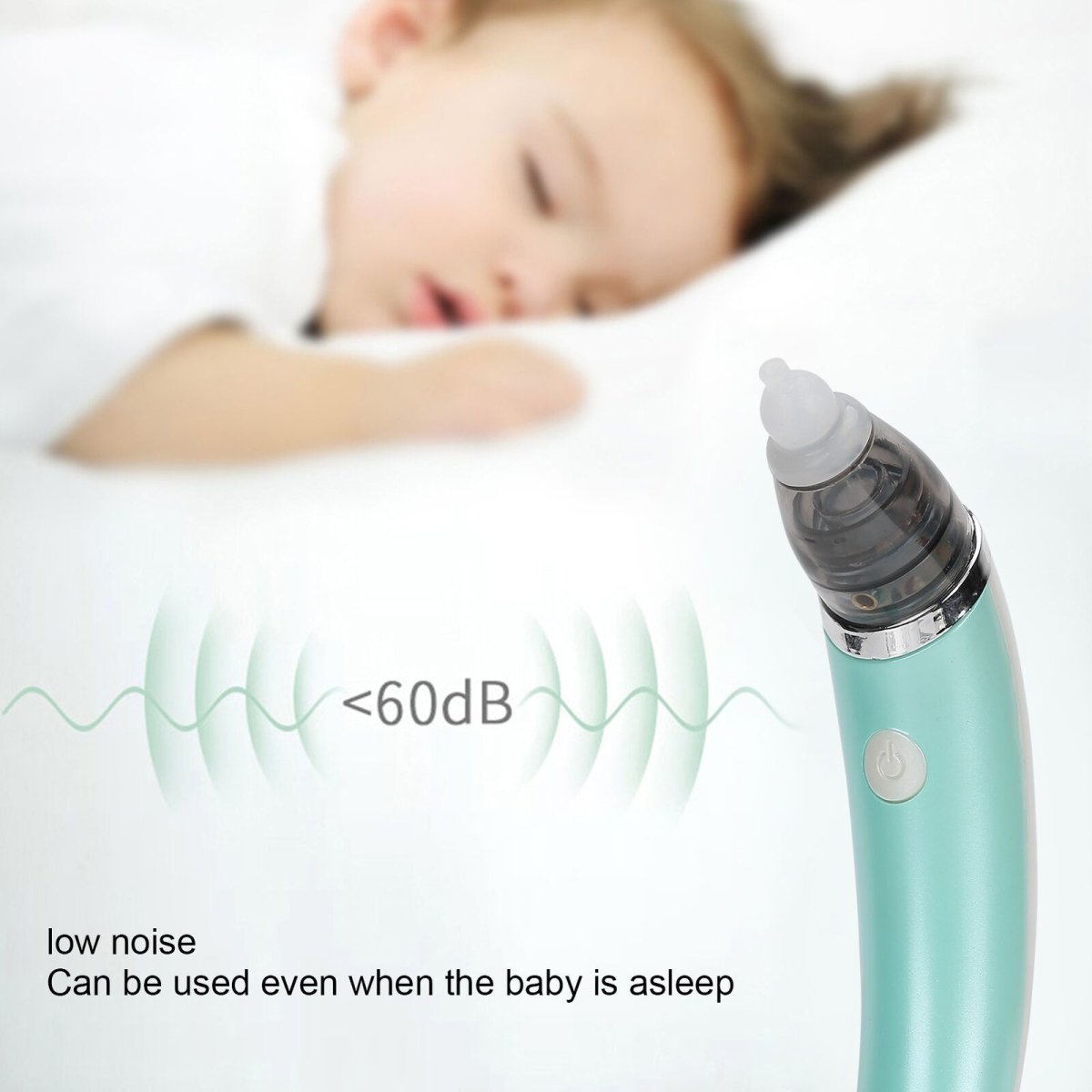 Electric baby nasal aspirator by Hlpmedical, green hygienic nose cleaner for infants to gently remove snot and congestion.