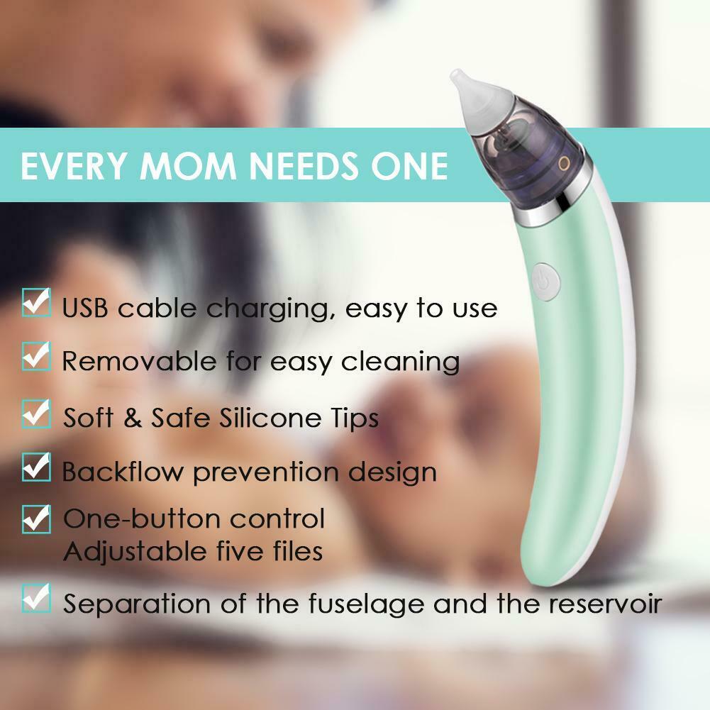Electric baby nasal aspirator by Hlpmedical, green hygienic nose cleaner for safe snot removal in infants and toddlers.