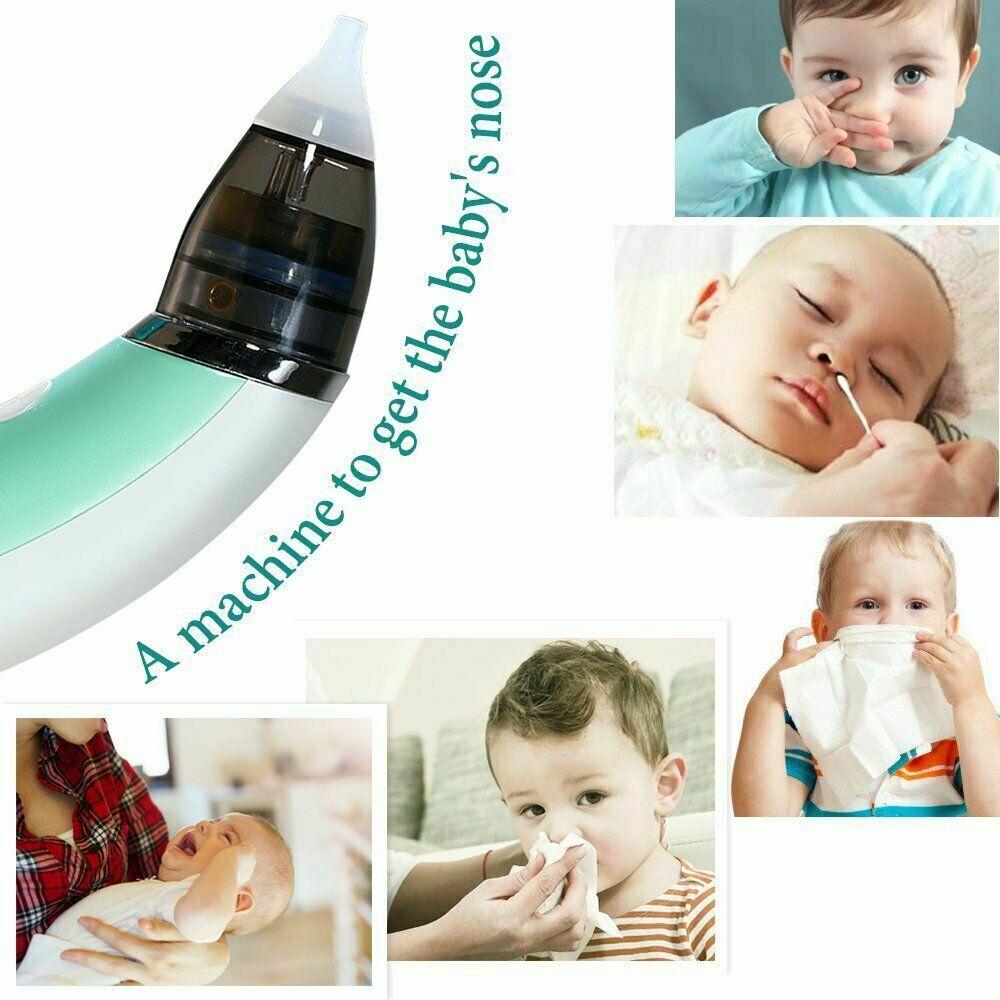 Electric baby nasal aspirator in green by Hlpmedical, safe and hygienic nose cleaner for infants with nose cleaning attachments.
