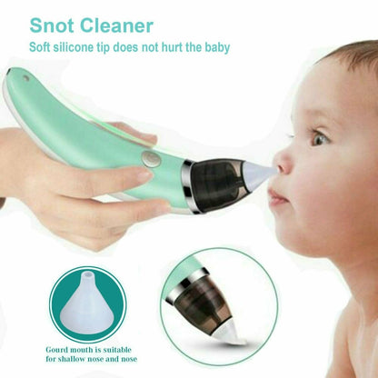 Electric baby nasal aspirator by Hlpmedical, green, with hygienic nose cleaning tip for safe snot removal in infants.