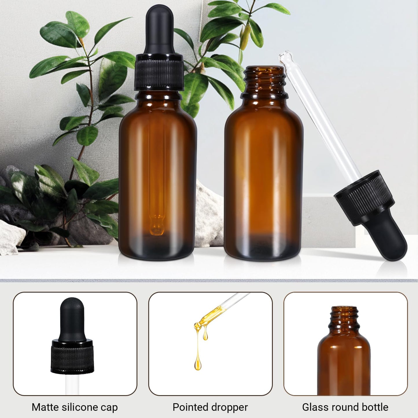 Set of five 100ml amber glass dropper bottles for essential oils, leakproof tincture bottles by Hlpmedical for massage and relaxation.