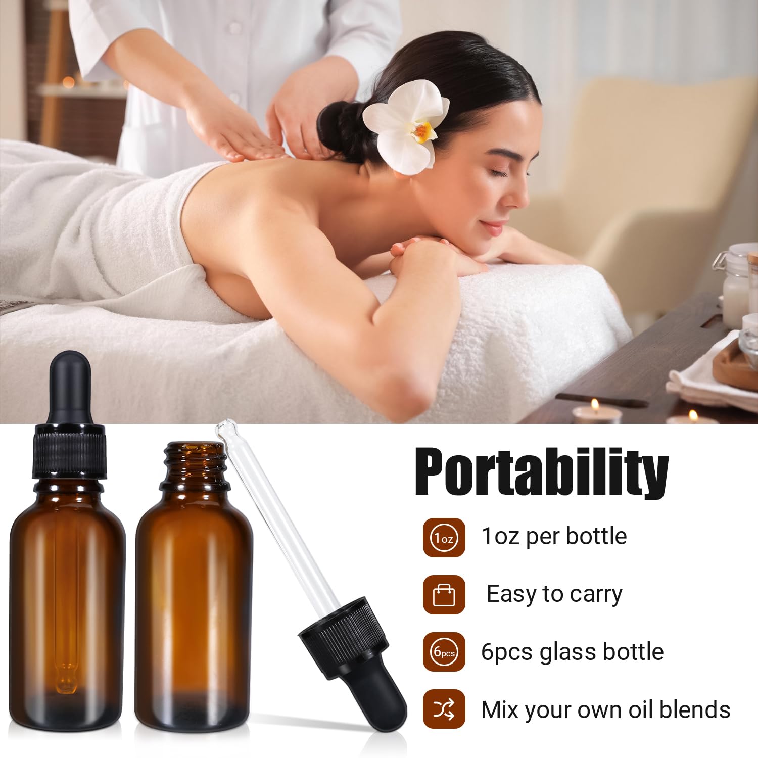 Set of five 100ml amber glass dropper bottles for essential oils, leakproof tincture bottles for massage and relaxation use.