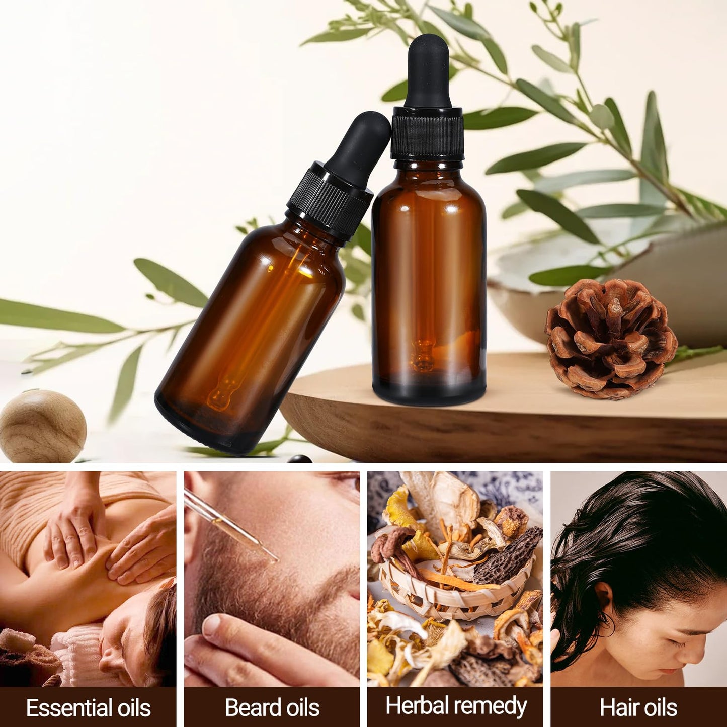 Set of five 100ml amber glass dropper bottles for essential oils, leakproof tincture bottles for massage and relaxation use.