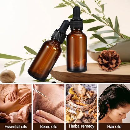 Set of five 100ml amber glass dropper bottles for essential oils, leakproof tincture bottles for massage and relaxation use.