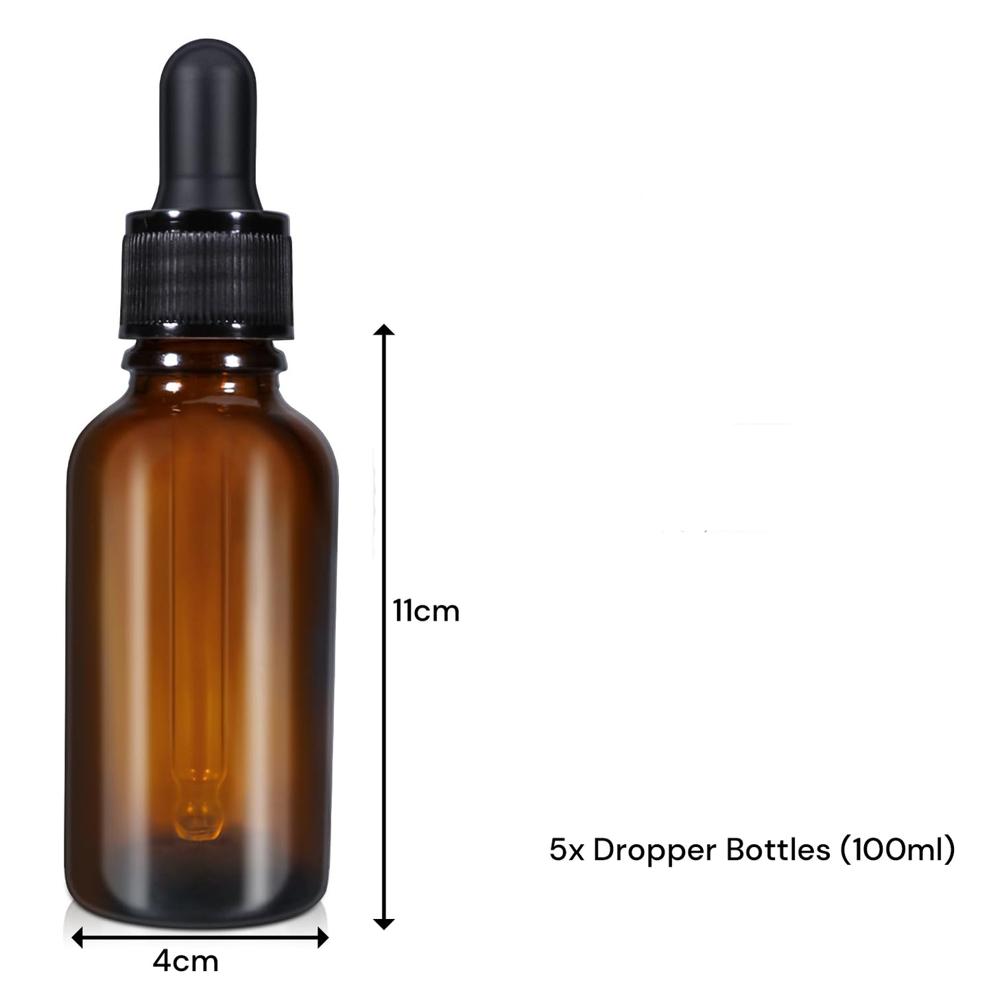 Set of five 100ml amber glass dropper bottles for essential oils, leakproof tincture bottles for massage and relaxation.