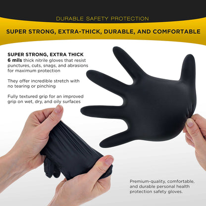 Pair of black nitrile disposable gloves from Hlpmedical, suitable for industrial, mechanic, tattoo, or food handling tasks.