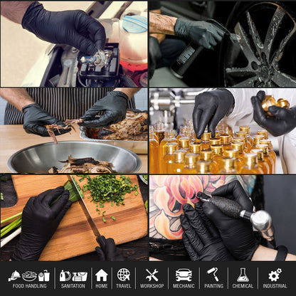 Pair of black nitrile disposable gloves by Hlpmedical, suitable for industrial, mechanic, tattoo, or food handling tasks.