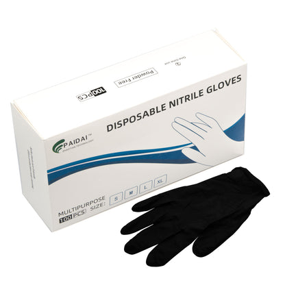 Pair of black nitrile disposable gloves for industrial, mechanic, or tattoo use from Hlpmedical, size medium.