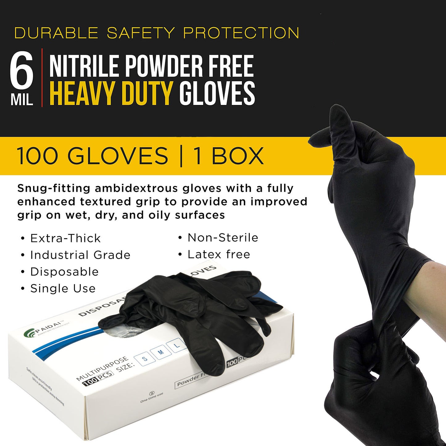 Pair of black nitrile disposable gloves by Hlpmedical, medium size, used for industrial, mechanic, tattoo, and food handling tasks.
