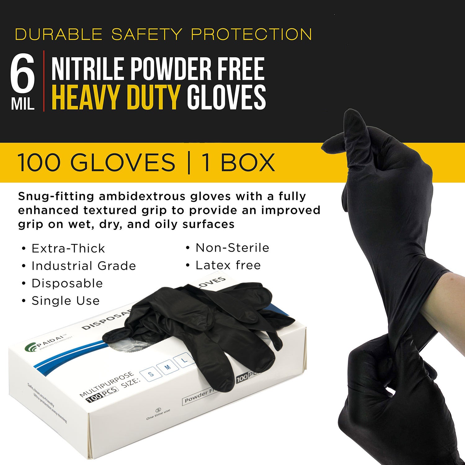 Pair of black nitrile disposable gloves by Hlpmedical, medium size, used for industrial, mechanic, tattoo, and food handling tasks.