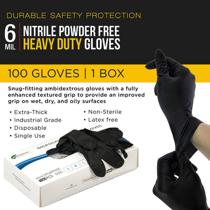 Pair of black nitrile disposable gloves by Hlpmedical, medium size, used for industrial, mechanic, tattoo, and food handling tasks.