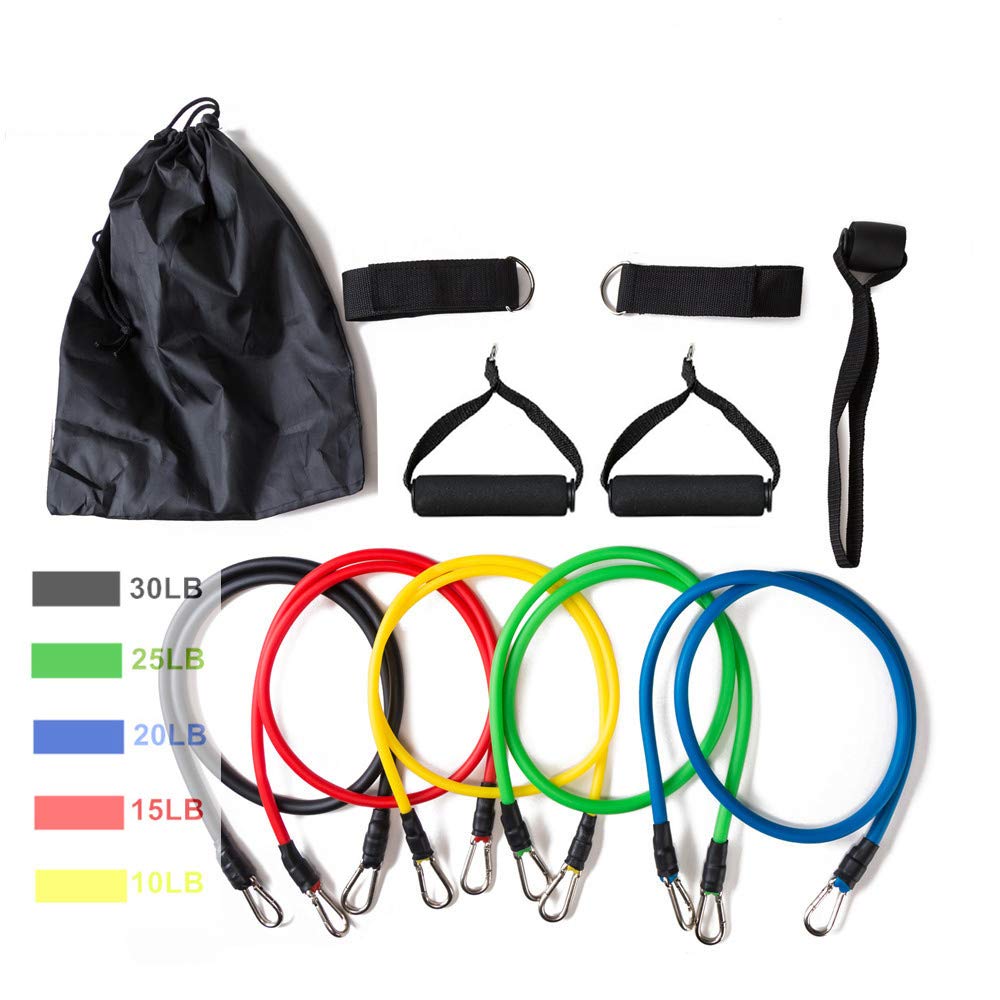 Set of 11 stackable resistance bands from Hlpmedical for home workouts, physical therapy, and gym training exercises.