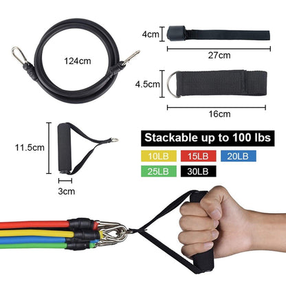 Set of 11 stackable resistance bands from Hlpmedical for home workouts, physical therapy, and gym training exercises.