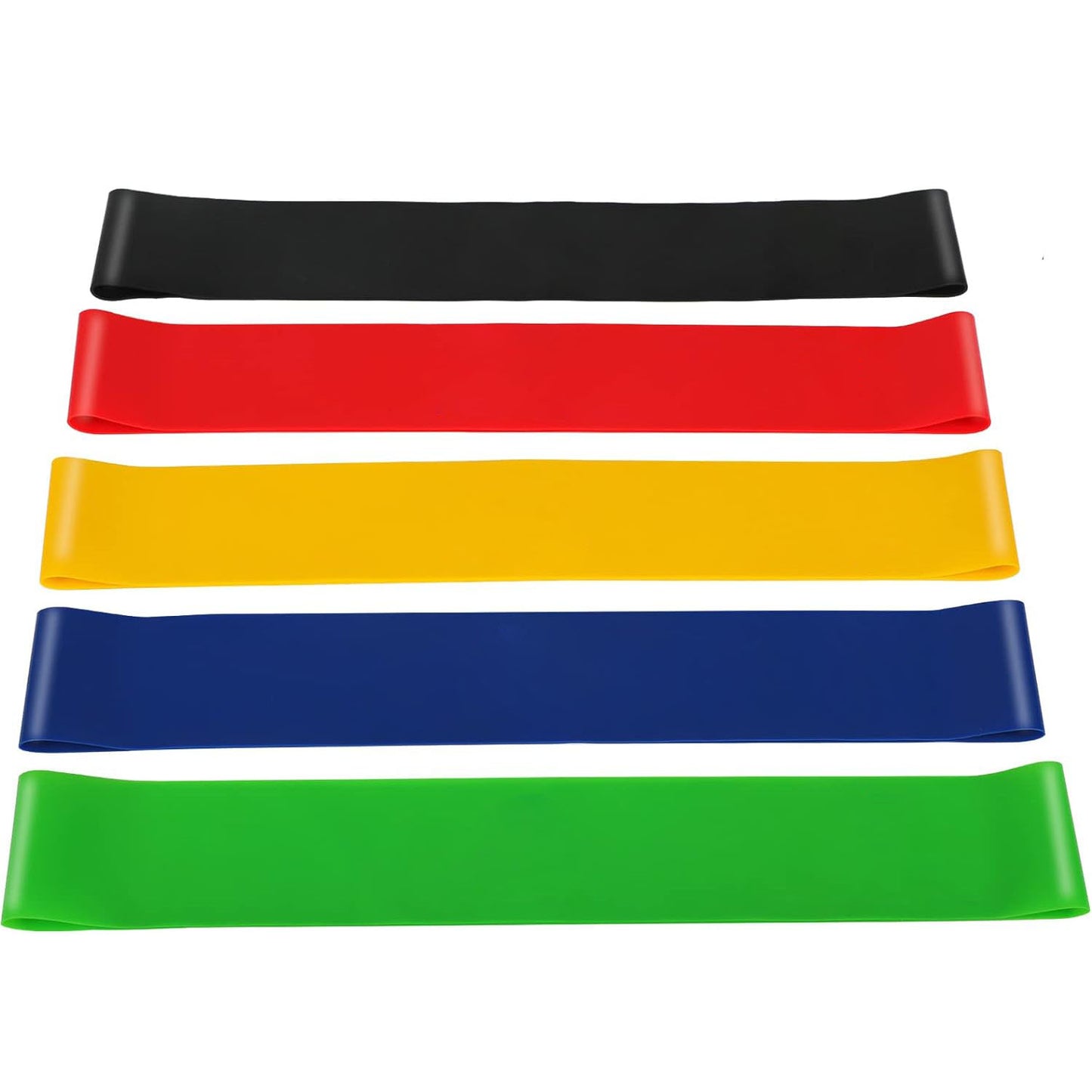 Set of five Hlpmedical resistance bands for exercise, yoga, and fitness workouts, including leg and Pilates bands.