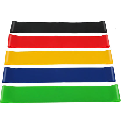 Set of five Hlpmedical resistance bands for exercise, yoga, and fitness workouts, including leg and Pilates bands.