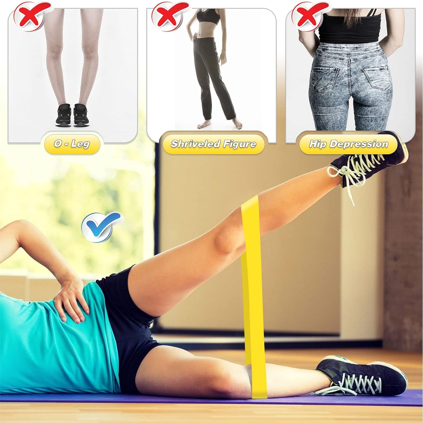 Set of 5 Hlpmedical resistance bands for exercise, yoga, and fitness workouts, shown in various colors and stretch positions.