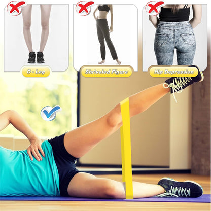 Set of 5 Hlpmedical resistance bands for exercise, yoga, and fitness workouts, shown in various colors and stretch positions.