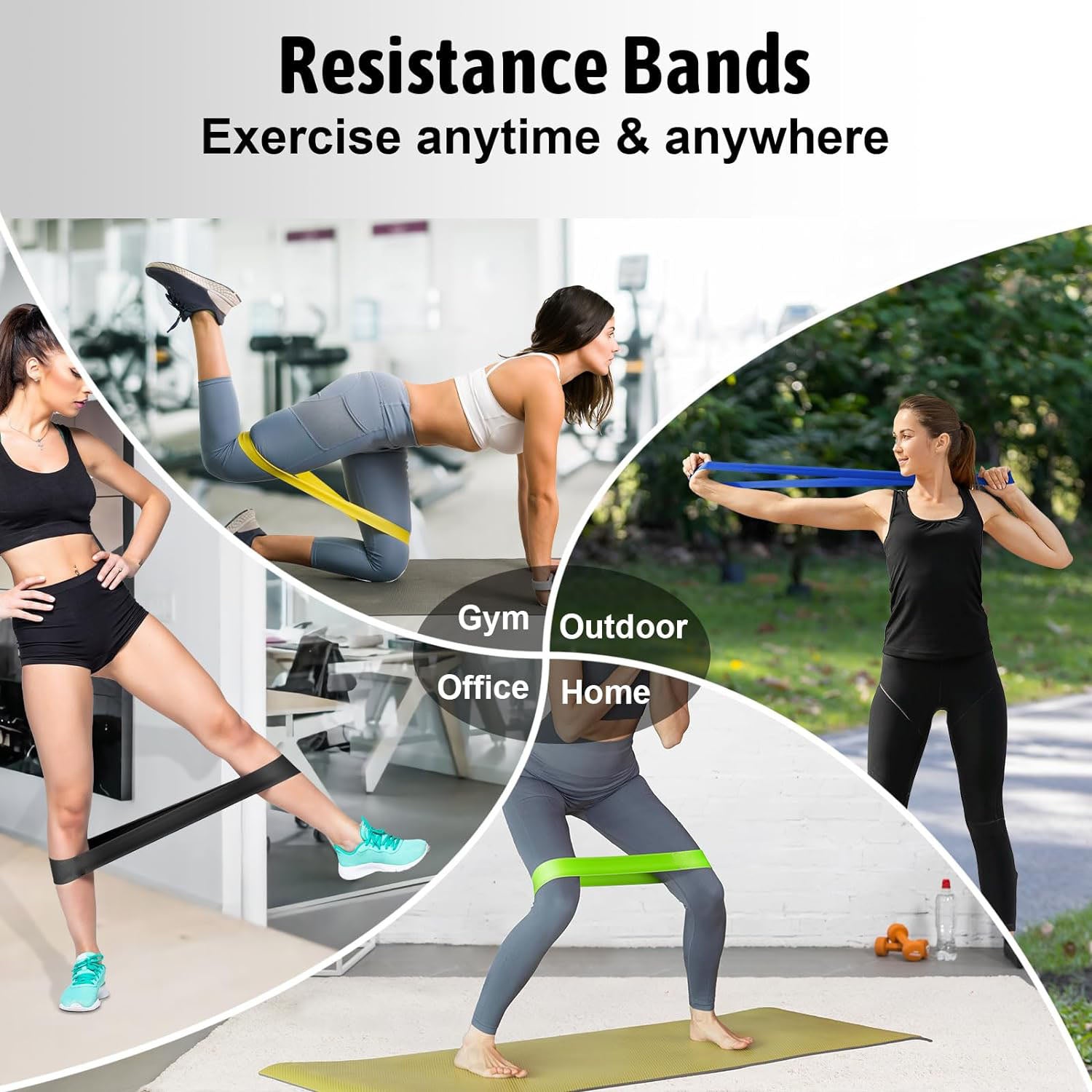 Set of five Hlpmedical resistance bands for exercise, yoga, and fitness workouts, including leg and pilates bands.