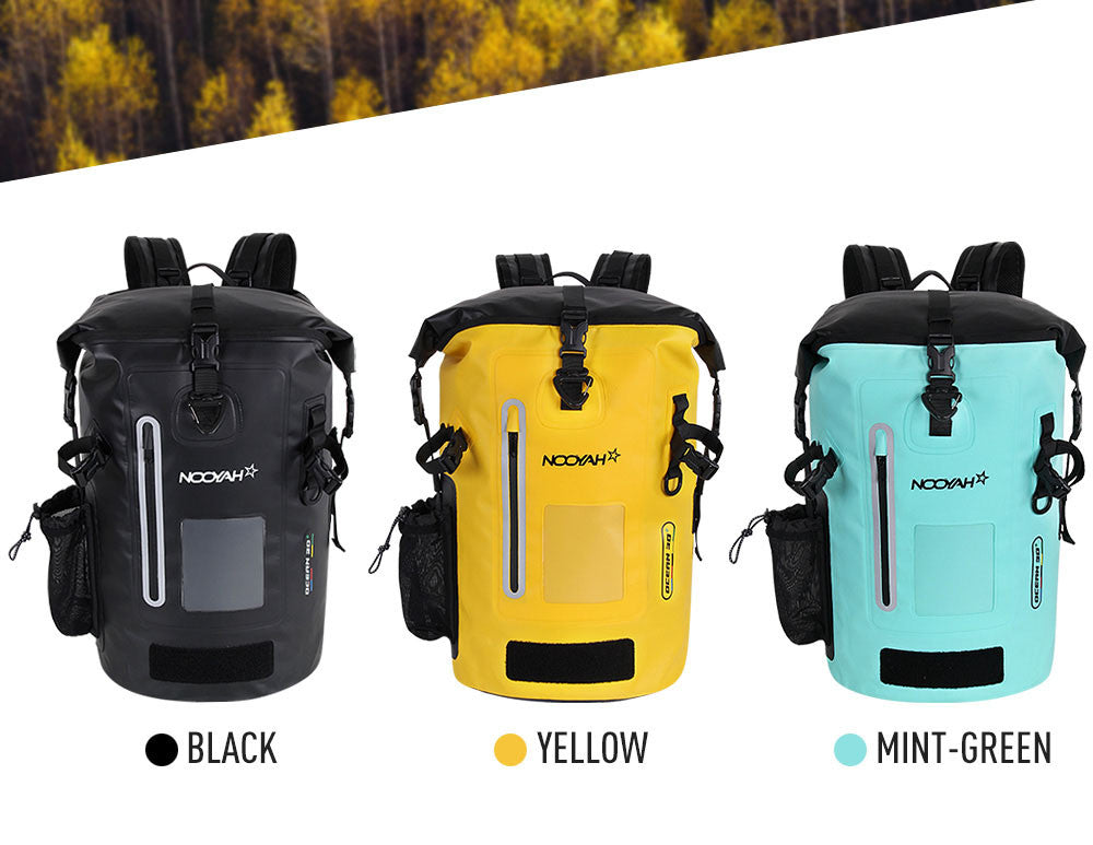 Mint green NOOYAH waterproof bike backpack by Hlpmedical, double-layer outdoor sports bag with IPX8 water resistance.