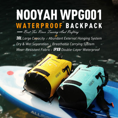 Mint green NOOYAH waterproof bike backpack by Hlpmedical, double-layer design, suitable for outdoor cycling and sports.