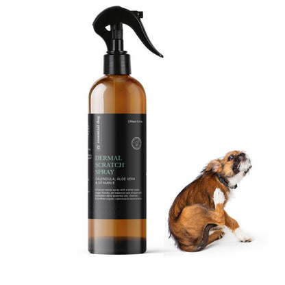 Hlpmedical Natural Anti-Itch Spray for Dogs with aloe, tea tree, and vitamin E, soothing skin and reducing scratching.